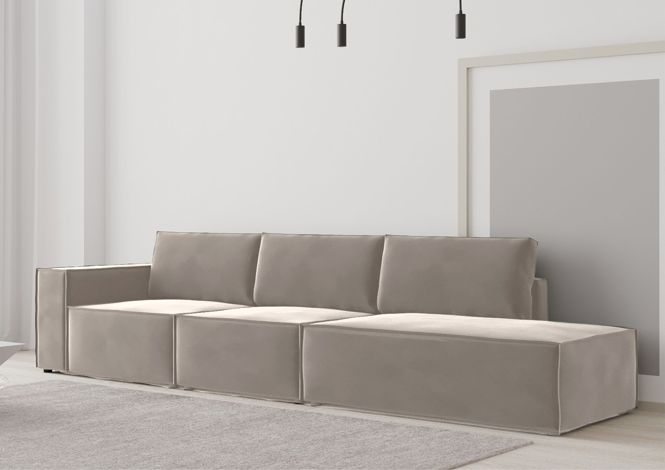 Beżowa sofa modułowa z zewnętrznym szwem